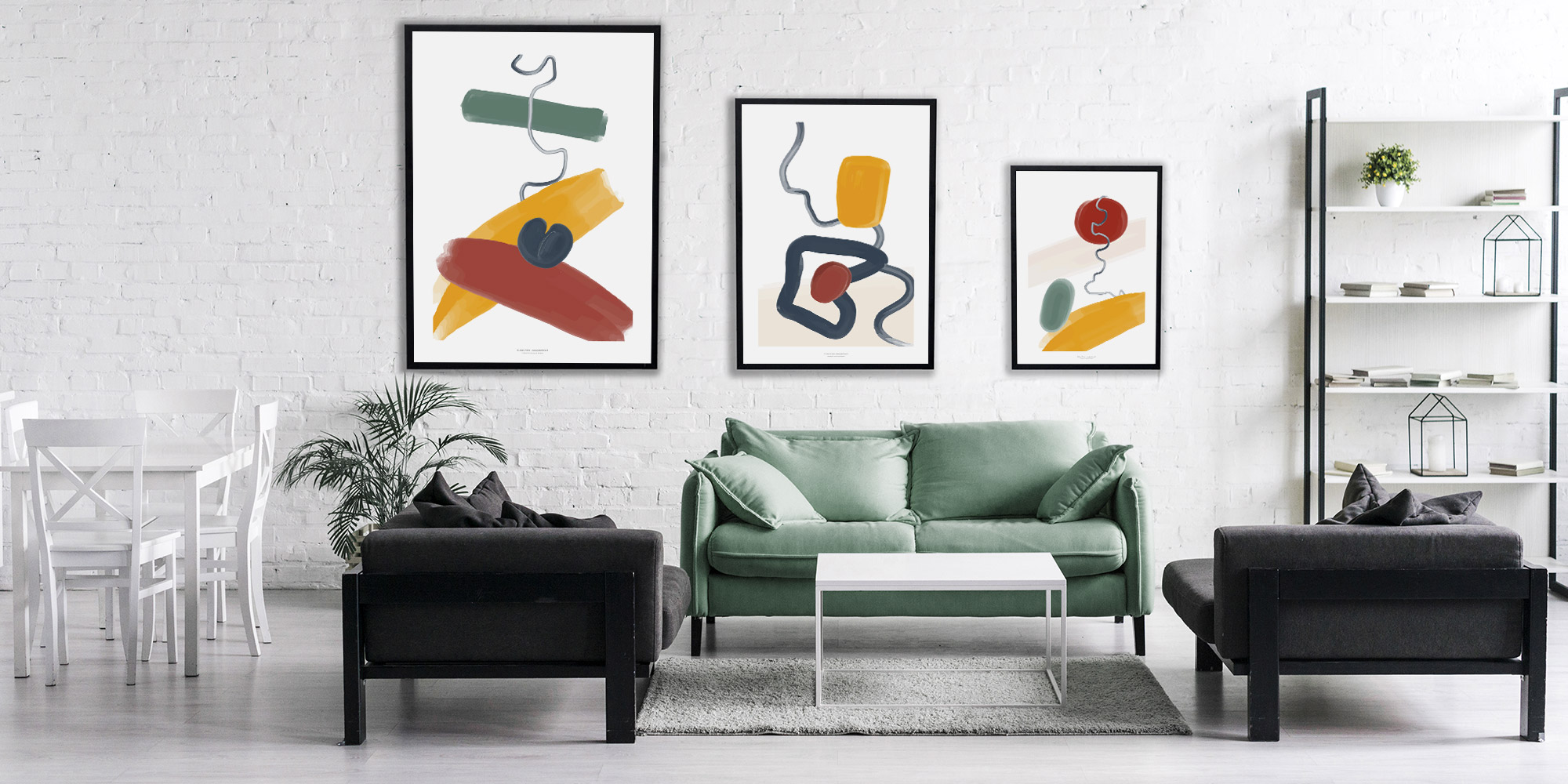 Affiches deco encadrées dans un salon - Tableaux design pour décoration murale tendance